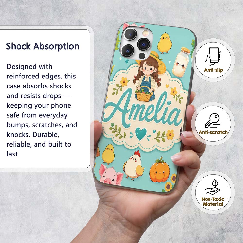 Cute Farm Animals Girl Pig Cow Chicken Mint Green Custom Name Protective Phone Case Mobile Cover Durable Everyday Smartphone Shock Resistant