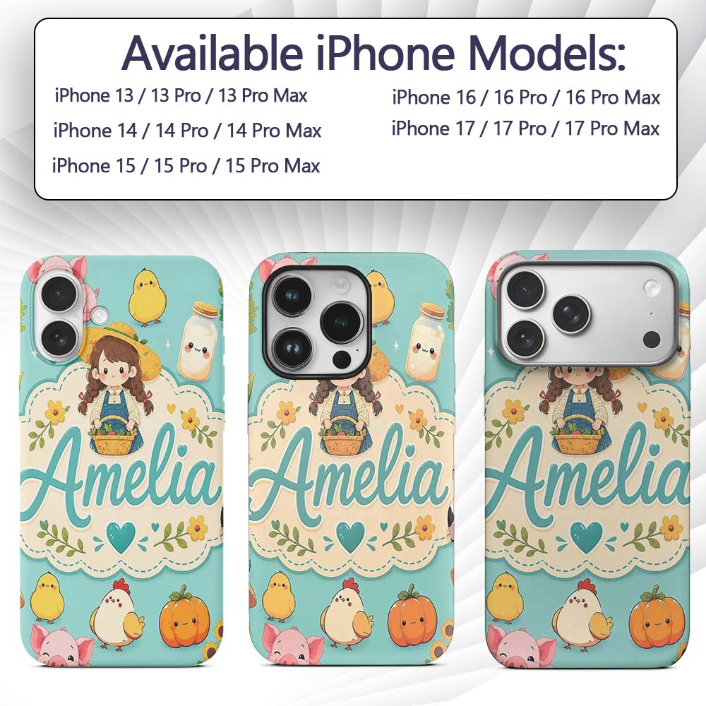 Cute Farm Animals Girl Pig Cow Chicken Mint Green Custom Name Protective Phone Case Mobile Cover Durable Everyday Smartphone Shock Resistant
