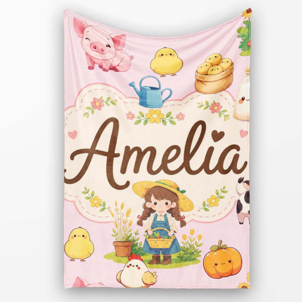 Cute Farm Animals Girl Pig Cow Chicken Soft Pink Background Seamless Personalised Custom Name Super Soft Fleece Blanket Bed Sofa Throw