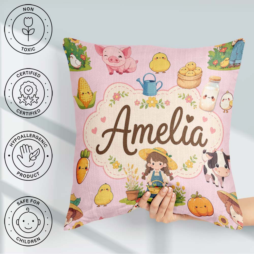 Custom Name Farm Animals Girl Pig Cow Chicken Soft Pink Seamless Square Filled Cushion Throw Pillow Sofa Bed Home Decor Zip Washable UK Made
