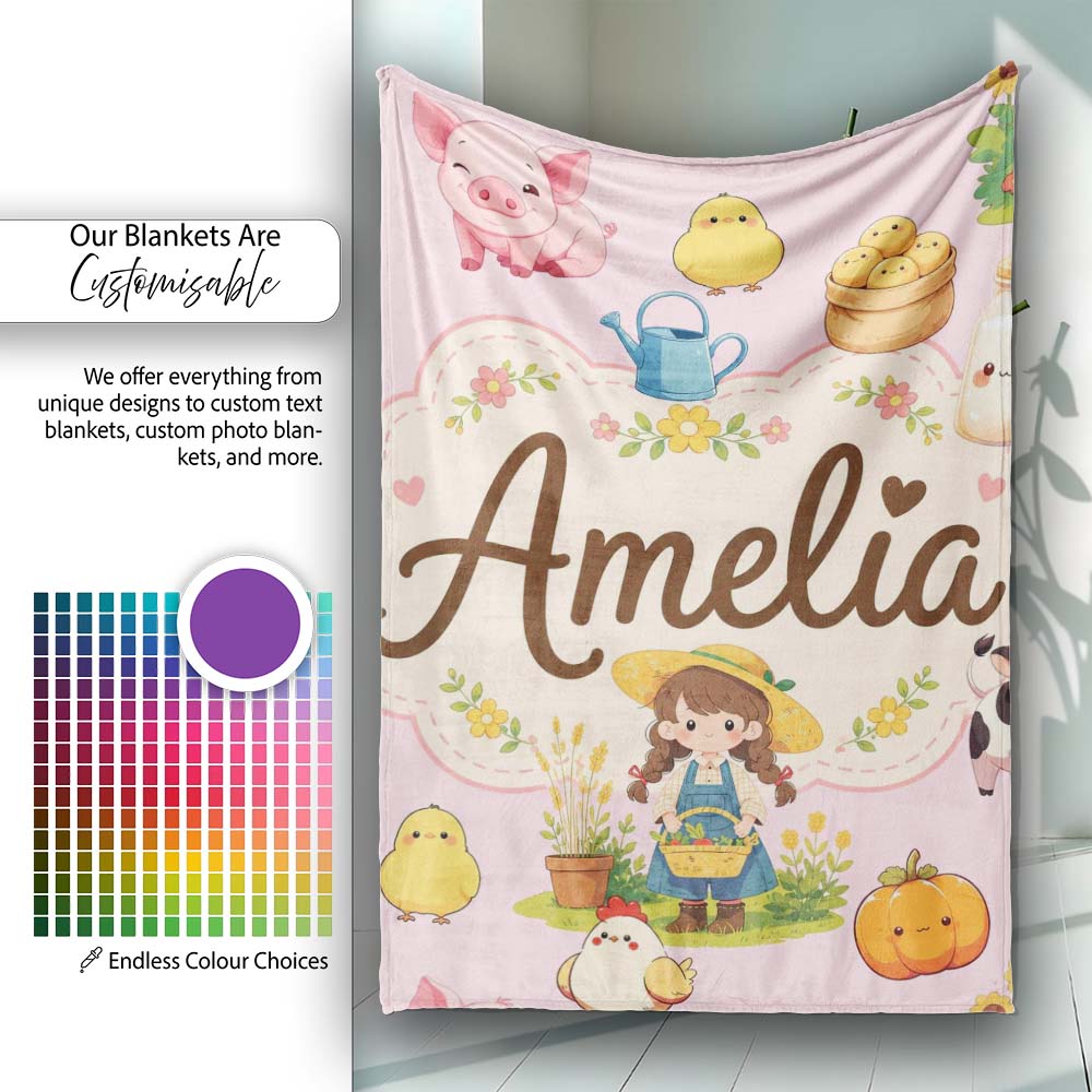 Cute Farm Animals Girl Pig Cow Chicken Soft Pink Background Seamless Personalised Custom Name Super Soft Fleece Blanket Bed Sofa Throw