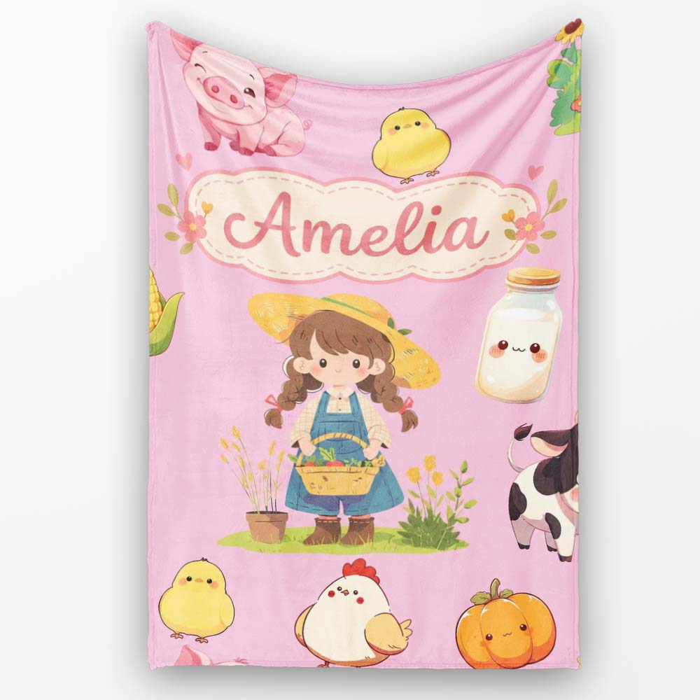 Cute Farm Girl Pig Cow Chicken Corn Milk Pink Background Seamless Personalised Custom Name Super Soft Fleece Blanket Bed Sofa Throw