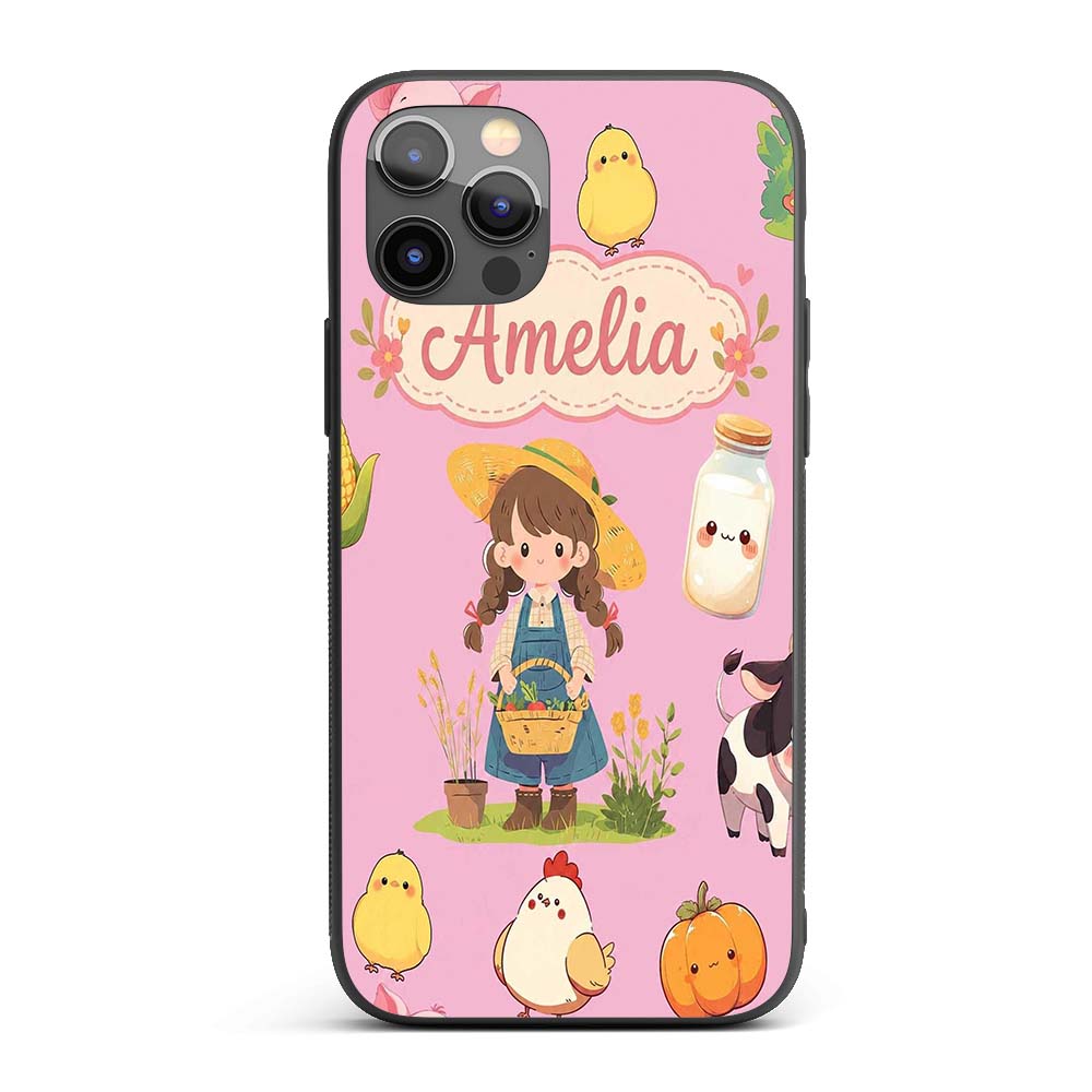 Cute Farm Girl Pig Cow Chicken Corn Milk Pink Custom Name Protective Phone Case Mobile Cover Durable Everyday Smartphone Shock Resistant