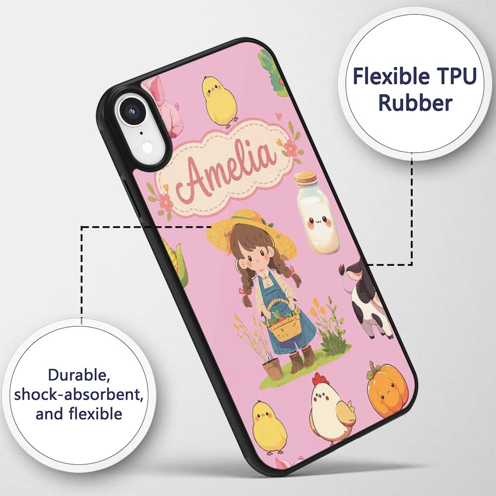 Cute Farm Girl Pig Cow Chicken Corn Milk Pink Custom Name Protective Phone Case Mobile Cover Durable Everyday Smartphone Shock Resistant