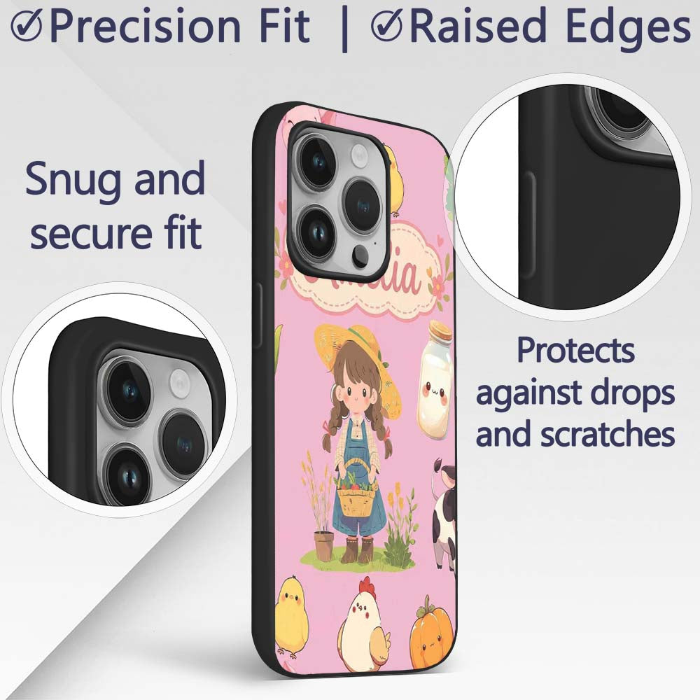 Cute Farm Girl Pig Cow Chicken Corn Milk Pink Custom Name Protective Phone Case Mobile Cover Durable Everyday Smartphone Shock Resistant