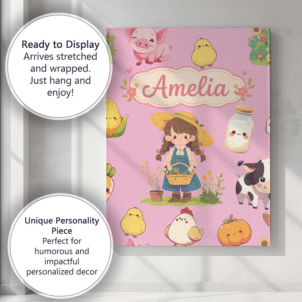 Personalised Name Cute Farm Girl Pig Cow Custom Unique Gift Idea Elegant Feature Canvas Wall Art Print Decor Picture Ready to Hang