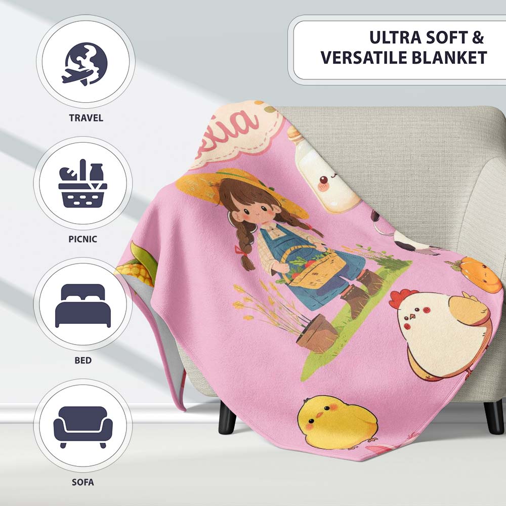 Cute Farm Girl Pig Cow Chicken Corn Milk Pink Background Seamless Personalised Custom Name Super Soft Fleece Blanket Bed Sofa Throw