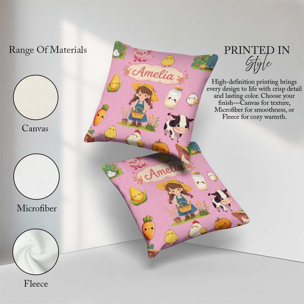 Custom Name Farm Girl Pig Cow Corn Milk Pink Background Seamless Square Filled Cushion Throw Pillow Sofa Bed Home Decor Zip Washable UK Made