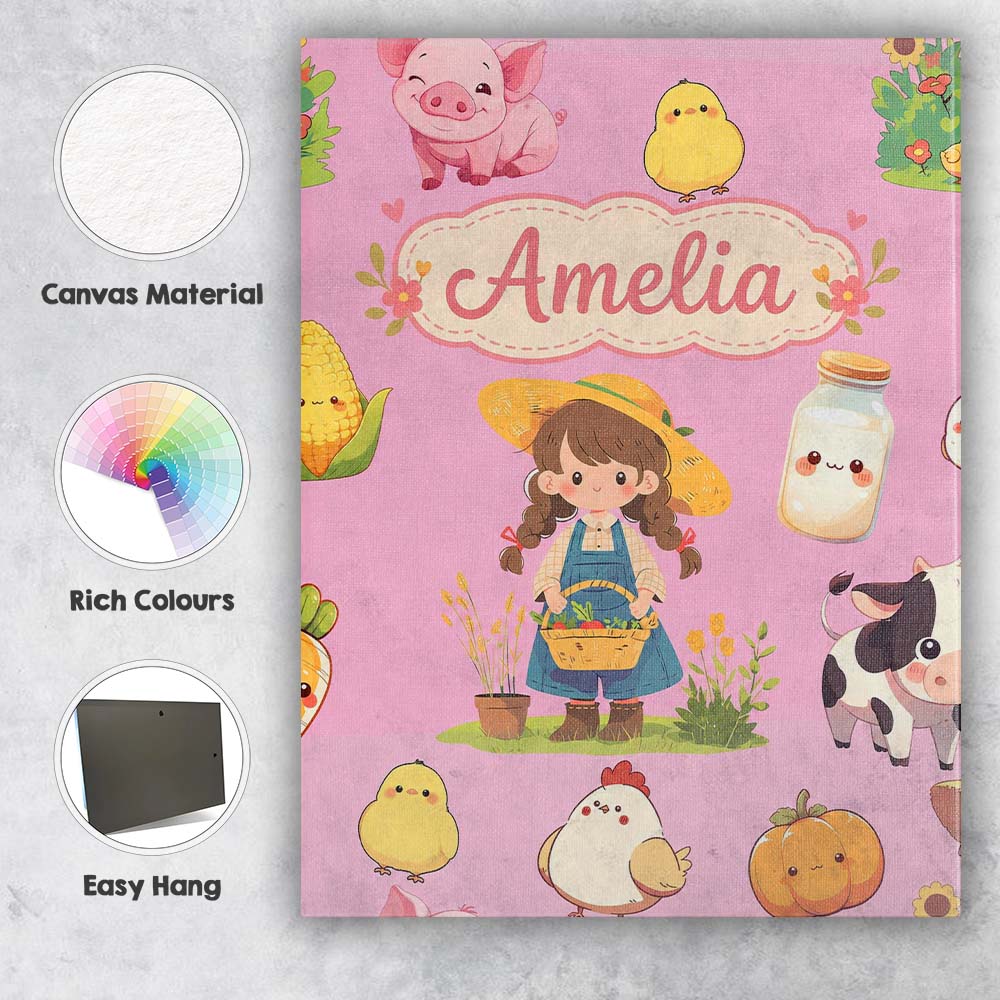 Personalised Name Cute Farm Girl Pig Cow Custom Unique Gift Idea Elegant Feature Canvas Wall Art Print Decor Picture Ready to Hang