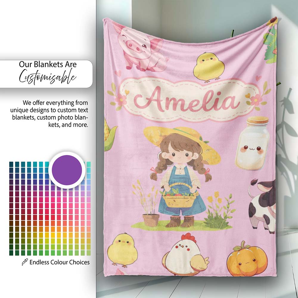 Cute Farm Girl Pig Cow Chicken Corn Milk Pink Background Seamless Personalised Custom Name Super Soft Fleece Blanket Bed Sofa Throw