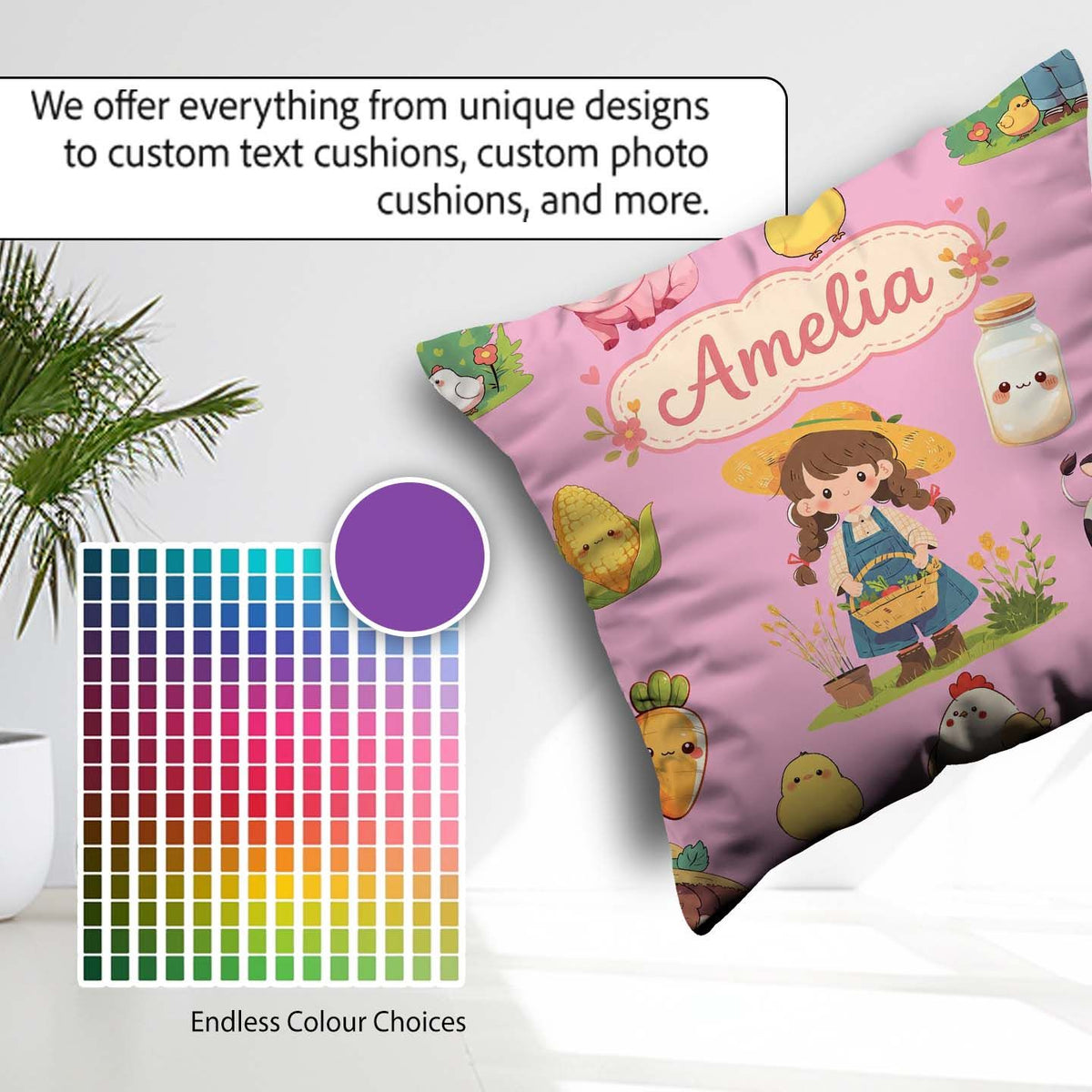 Custom Name Farm Girl Pig Cow Corn Milk Pink Background Seamless Square Filled Cushion Throw Pillow Sofa Bed Home Decor Zip Washable UK Made