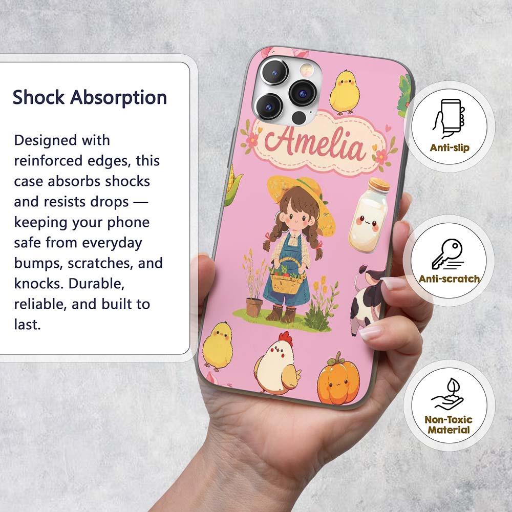 Cute Farm Girl Pig Cow Chicken Corn Milk Pink Custom Name Protective Phone Case Mobile Cover Durable Everyday Smartphone Shock Resistant