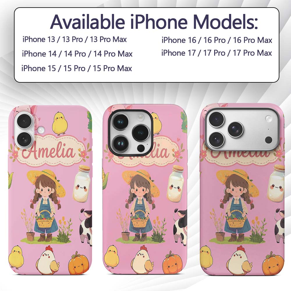 Cute Farm Girl Pig Cow Chicken Corn Milk Pink Custom Name Protective Phone Case Mobile Cover Durable Everyday Smartphone Shock Resistant