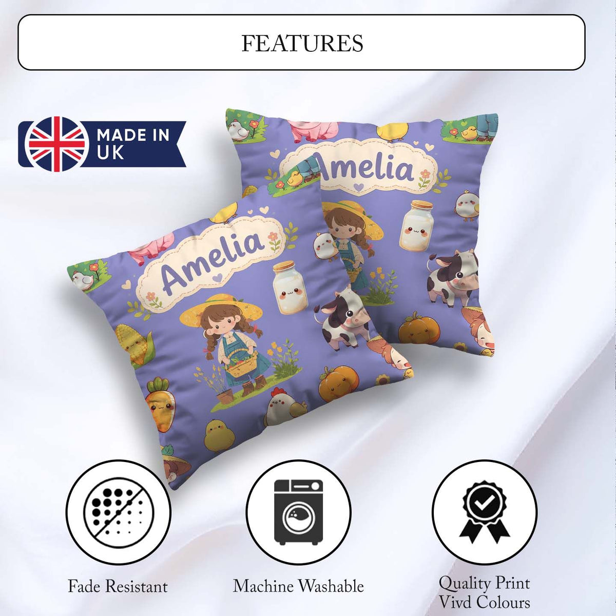 Custom Name Farm Girl Pig Cow Chicken Corn Milk Purple Seamless Square Filled Cushion Throw Pillow Sofa Bed Home Decor Zip Washable UK Made