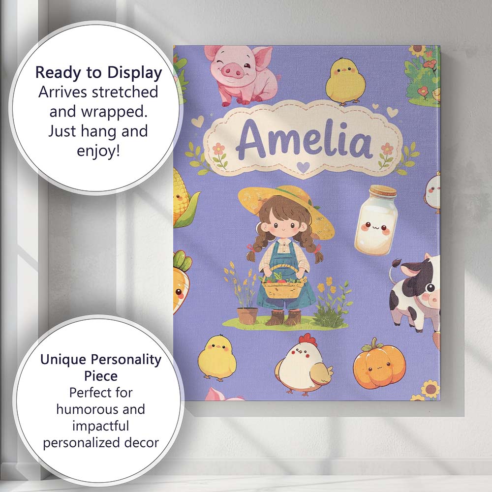 Personalised Name Cute Farm Girl Pig Cow Custom Unique Gift Idea Elegant Feature Canvas Wall Art Print Decor Picture Ready to Hang
