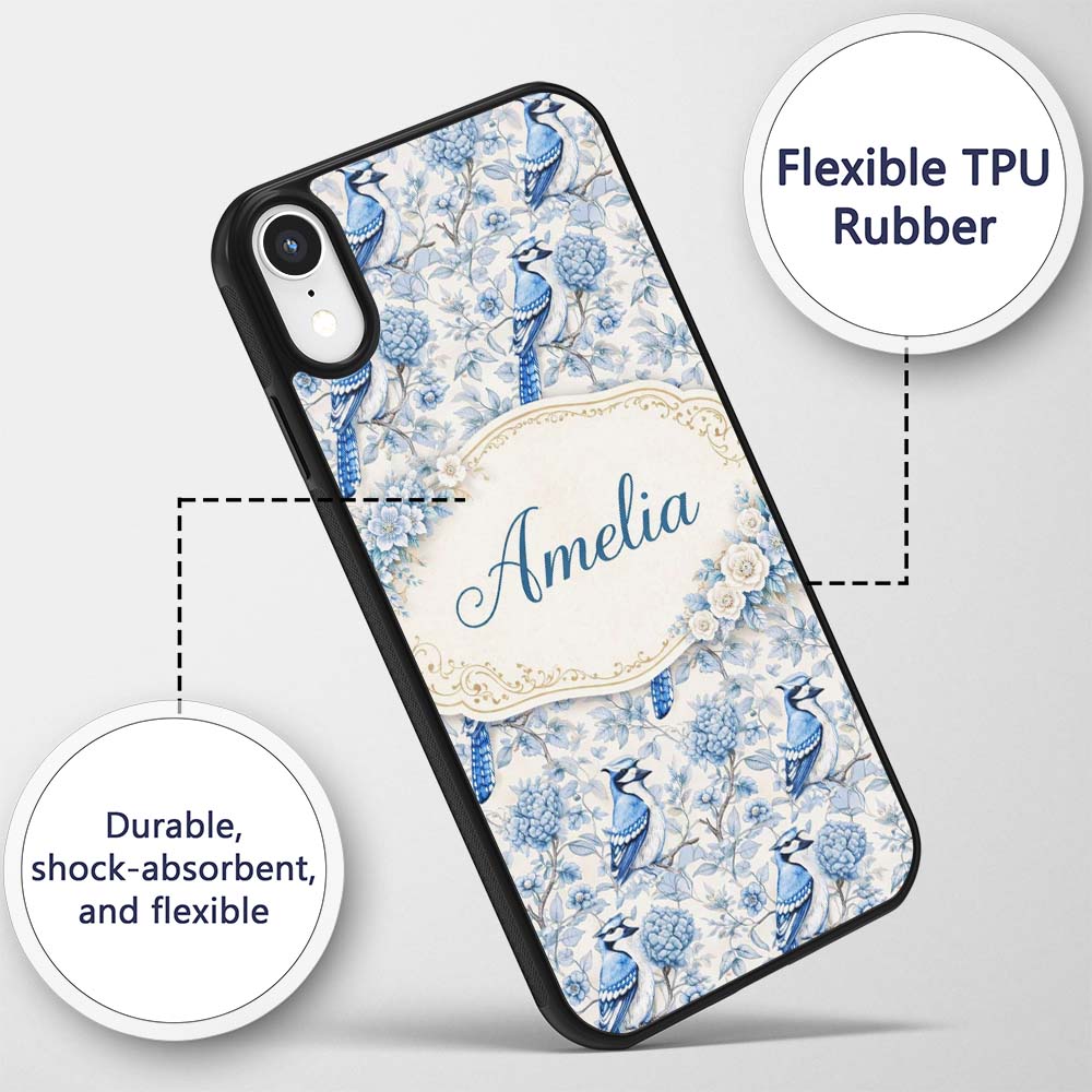 Blue Jay Bird Floral Garden Detailed Botanical Custom Name Protective Phone Case Mobile Cover Durable Everyday Smartphone Shock Resistant