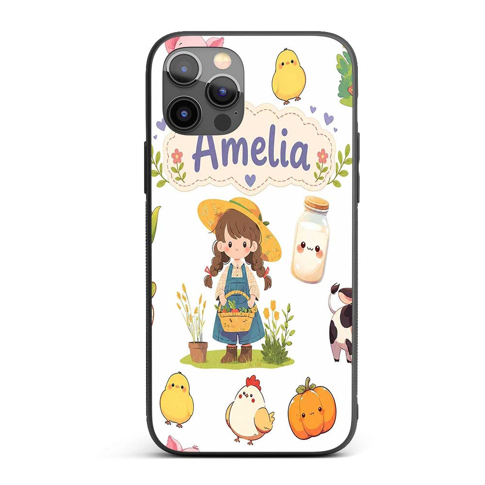 Cute Farm Girl Pig Cow Chicken Corn Milk White Custom Name Protective Phone Case Mobile Cover Durable Everyday Smartphone Shock Resistant