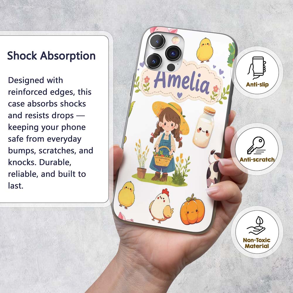 Cute Farm Girl Pig Cow Chicken Corn Milk White Custom Name Protective Phone Case Mobile Cover Durable Everyday Smartphone Shock Resistant