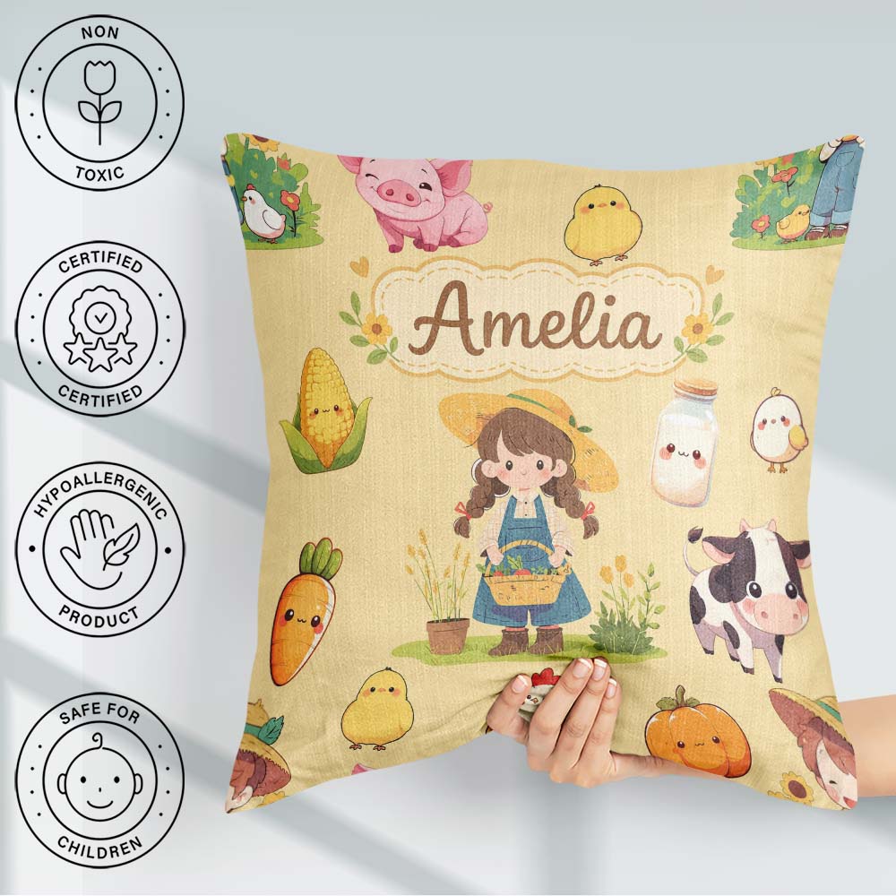 Custom Name Farm Girl Pig Cow Chicken Corn Milk Yellow Seamless Square Filled Cushion Throw Pillow Sofa Bed Home Decor Zip Washable UK Made