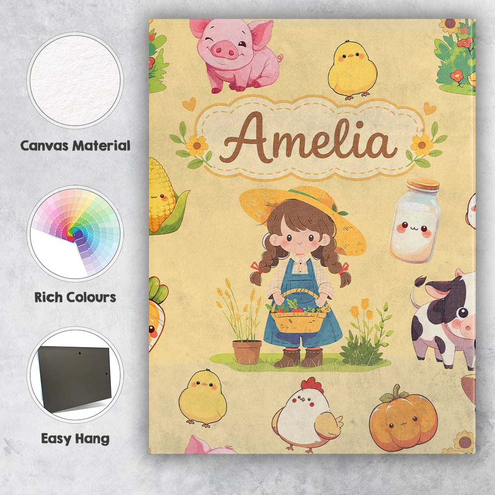 Personalised Name Cute Farm Girl Pig Cow Custom Unique Gift Idea Elegant Feature Canvas Wall Art Print Decor Picture Ready to Hang