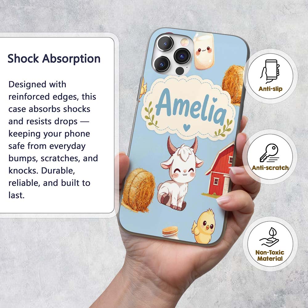 Cute Farm Goat Barn Hay Bale Chick Printed Design Custom Name Protective Phone Case Mobile Cover Durable Everyday Smartphone Shock Resistant