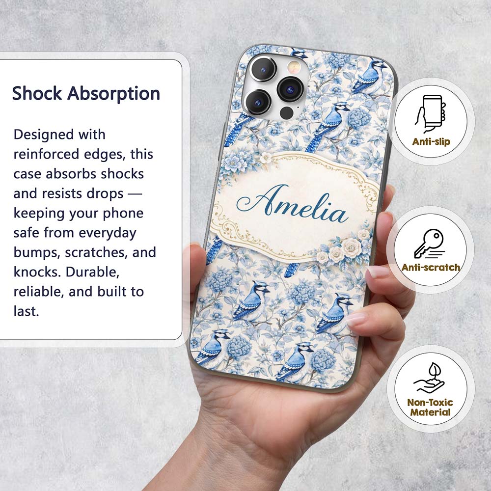 Blue Jay Bird Floral Garden Detailed Botanical Custom Name Protective Phone Case Mobile Cover Durable Everyday Smartphone Shock Resistant