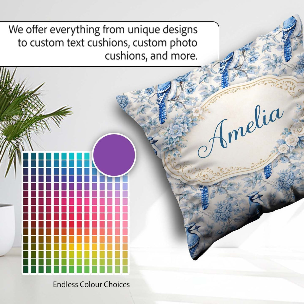 Custom Name Blue Jay Bird Floral Detailed Botanical Illustration Square Filled Cushion Throw Pillow Sofa Bed Home Decor Zip Washable UK Made