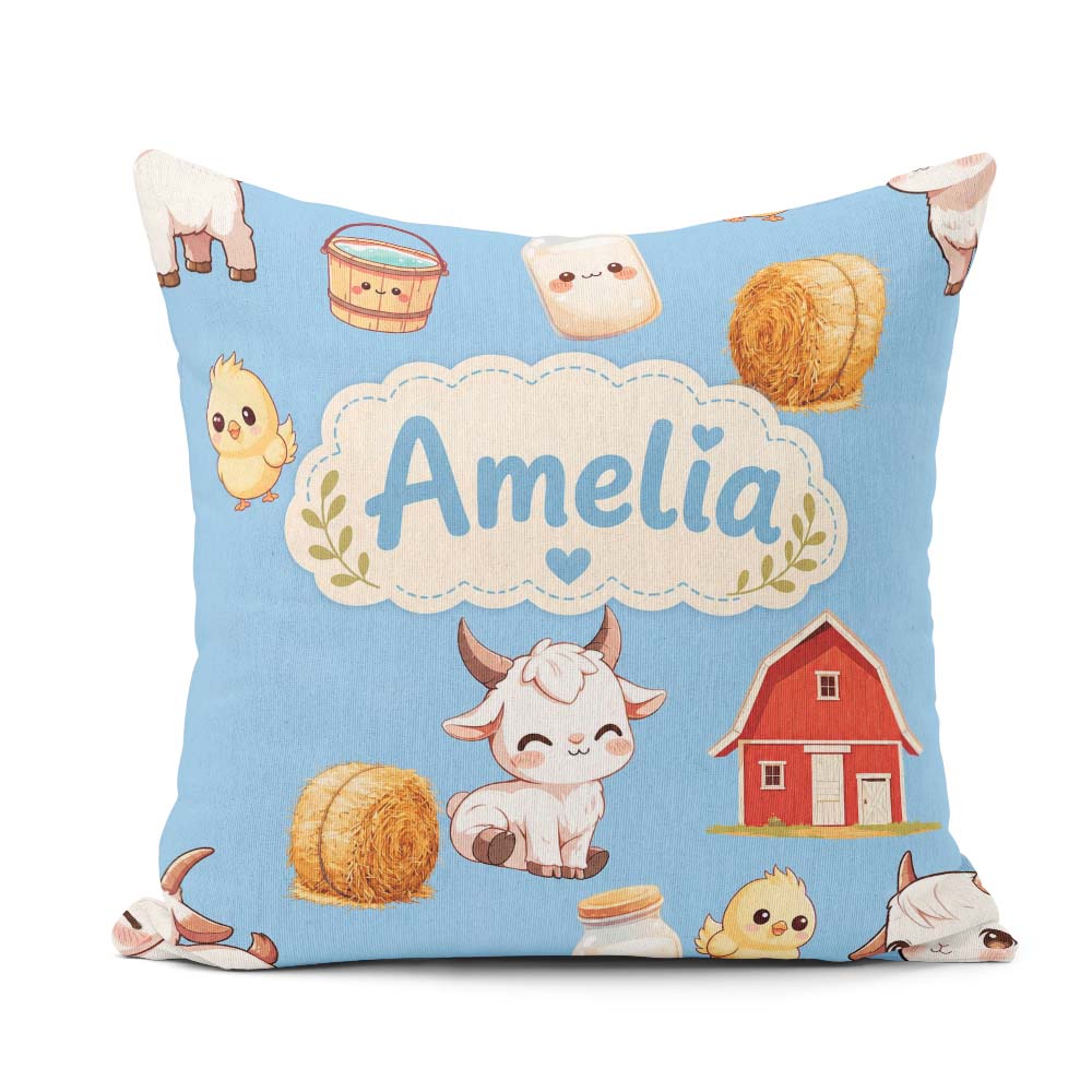 Custom Name Cute Farm Goat Barn Hay Bale Chick Sky Blue Seamless Square Filled Cushion Throw Pillow Sofa Bed Home Decor Zip Washable UK Made