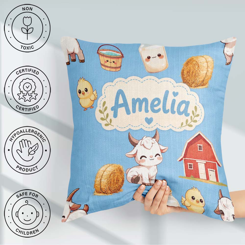 Custom Name Cute Farm Goat Barn Hay Bale Chick Sky Blue Seamless Square Filled Cushion Throw Pillow Sofa Bed Home Decor Zip Washable UK Made