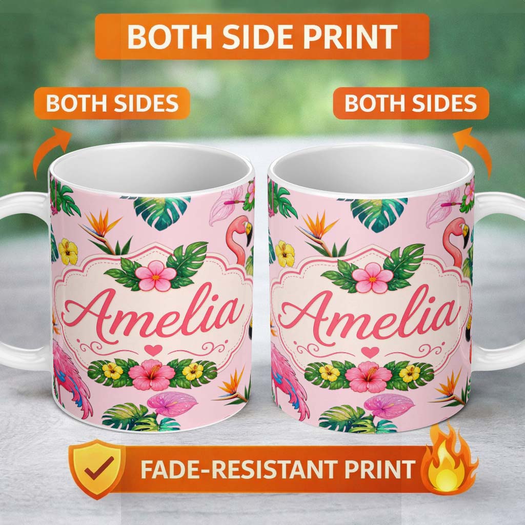 Personalized Custom Name Tropical Flamingo Bird with Exotic Flowers Leaves Blush Pink Lovely 11oz Ceramic Coffee Tea Mug White Large Handle