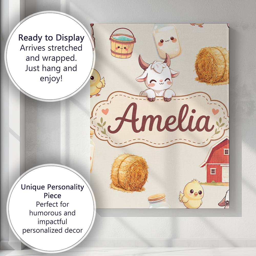 Personalised Name Cute Farm Goat Barn Hay Custom Unique Gift Idea Elegant Feature Canvas Wall Art Print Decor Picture Ready to Hang