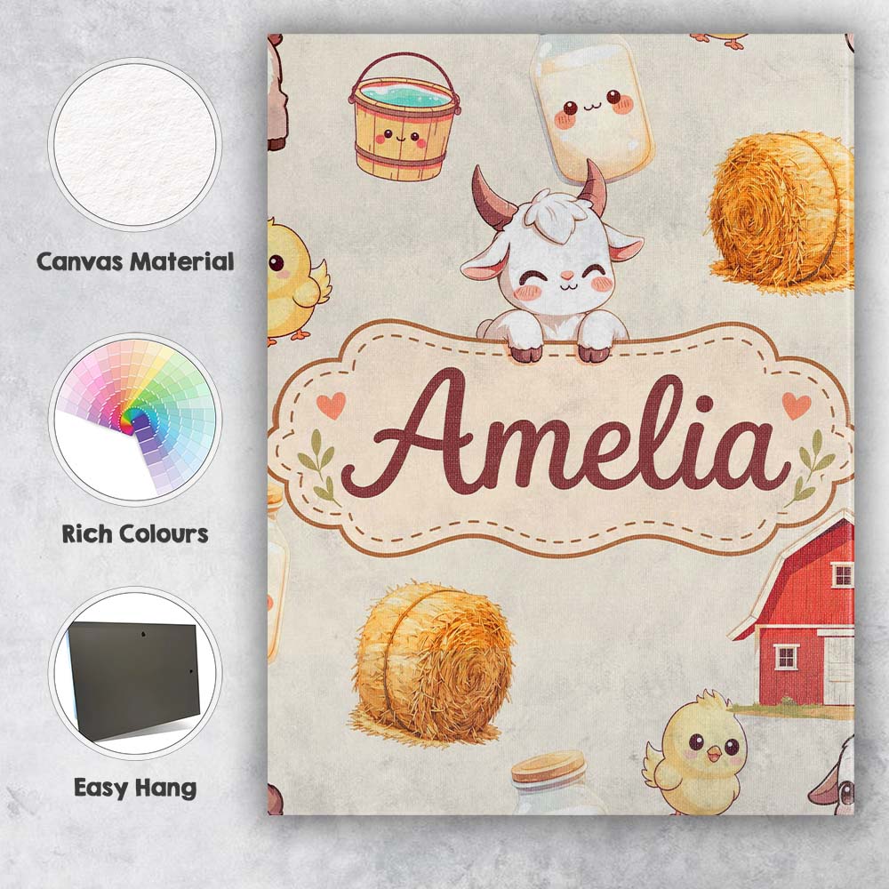 Personalised Name Cute Farm Goat Barn Hay Custom Unique Gift Idea Elegant Feature Canvas Wall Art Print Decor Picture Ready to Hang