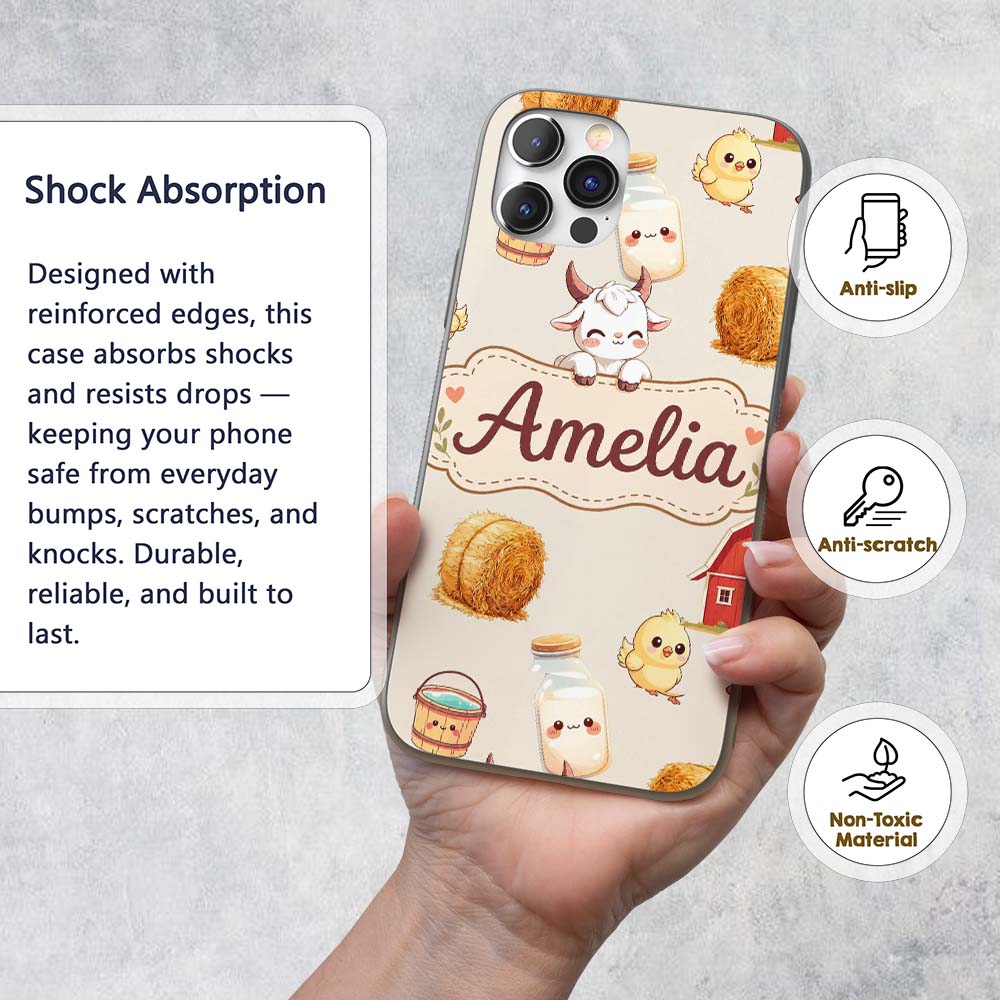 Cute Farm Goat Barn Hay Bale Chick Milk Bucket Custom Name Protective Phone Case Mobile Cover Durable Everyday Smartphone Shock Resistant