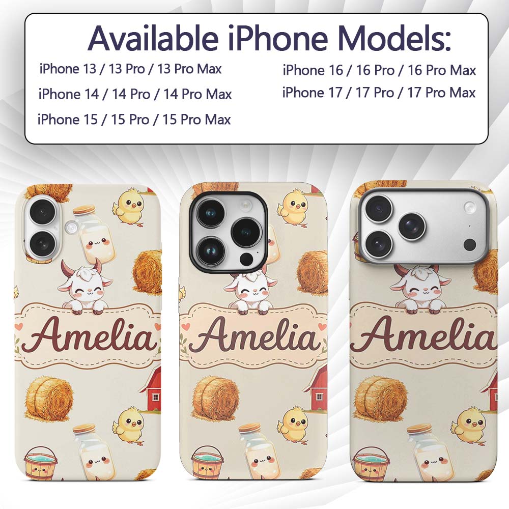 Cute Farm Goat Barn Hay Bale Chick Milk Bucket Custom Name Protective Phone Case Mobile Cover Durable Everyday Smartphone Shock Resistant