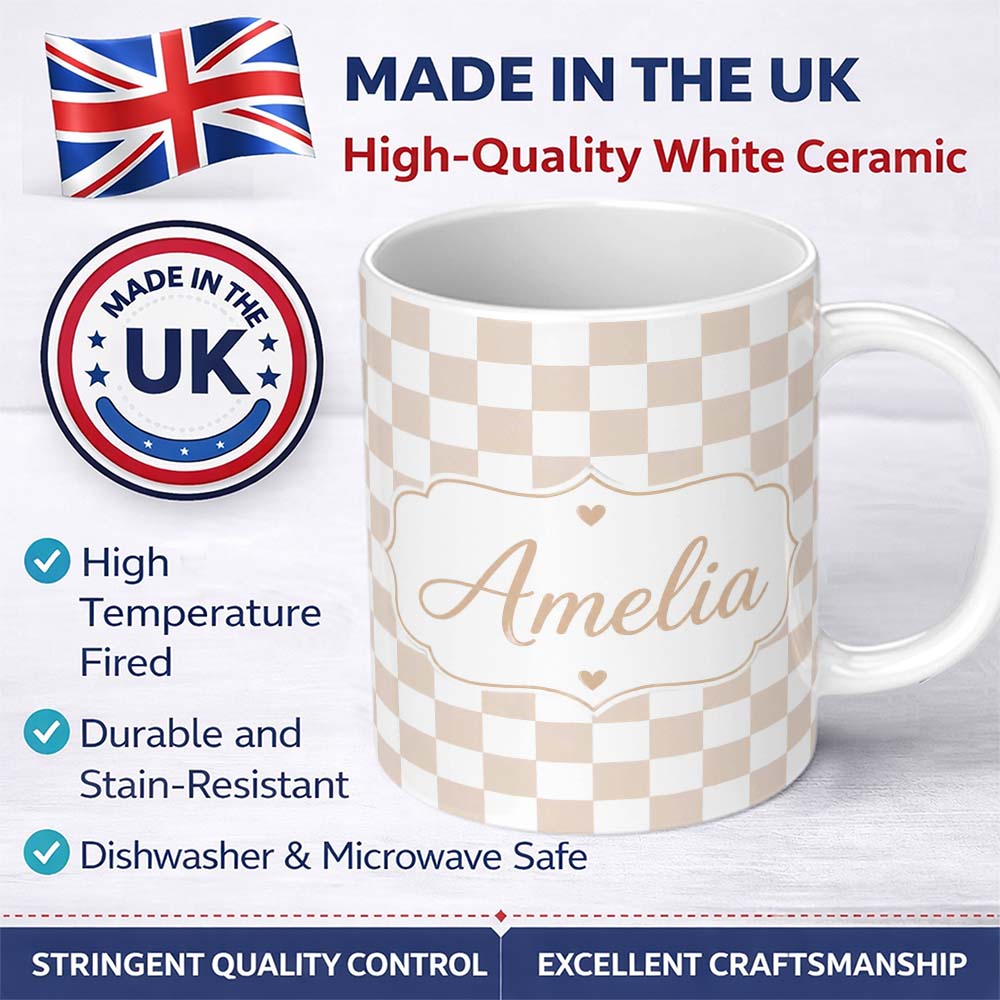Personalized Custom Name Soft Beige Square Checkerboard Seamless Pattern Stylish Everyday Mug 11oz Ceramic Coffee Tea Mug White Large Handle