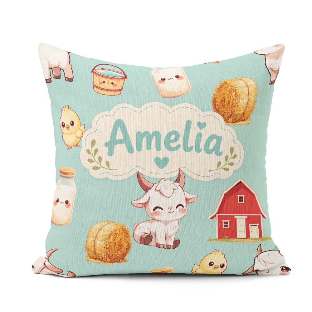 Custom Name Cute Farm Goat Barn Hay Bale Chick Milk Bucket Teal Square Filled Cushion Throw Pillow Sofa Bed Home Decor Zip Washable UK Made