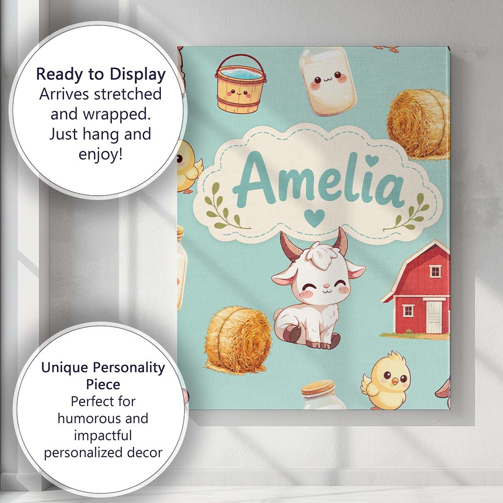 Personalised Name Cute Farm Goat Barn Hay Custom Unique Gift Idea Elegant Feature Canvas Wall Art Print Decor Picture Ready to Hang