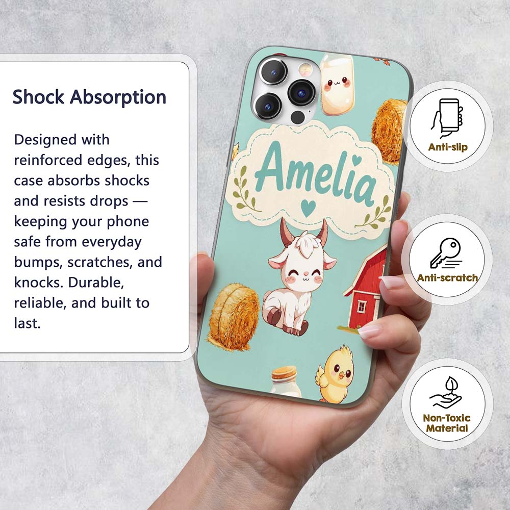 Cute Farm Goat Barn Hay Bale Chick Milk Bucket Custom Name Protective Phone Case Mobile Cover Durable Everyday Smartphone Shock Resistant