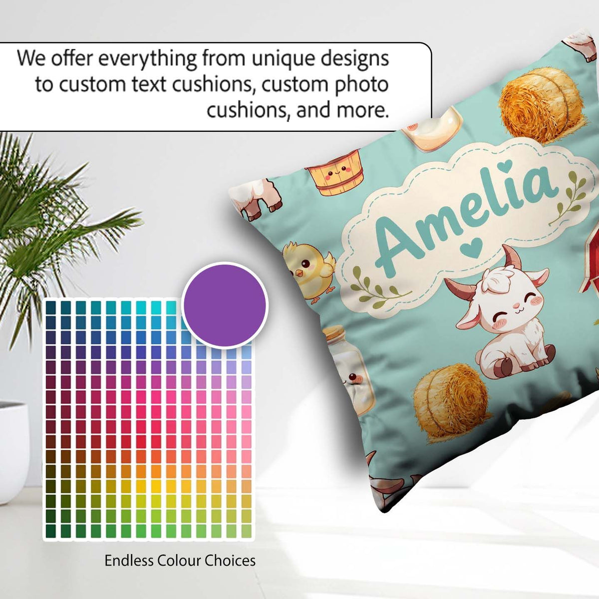 Custom Name Cute Farm Goat Barn Hay Bale Chick Milk Bucket Teal Square Filled Cushion Throw Pillow Sofa Bed Home Decor Zip Washable UK Made