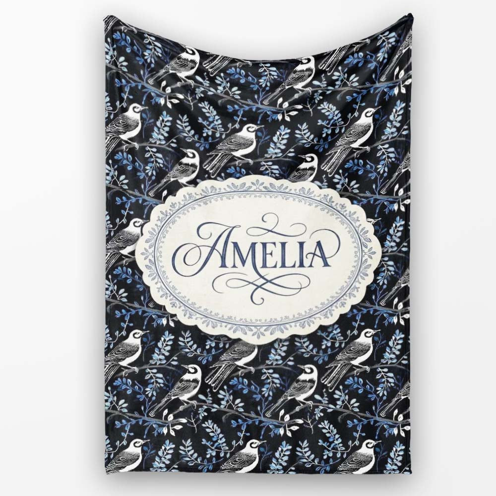 Monochrome Bird Branch Leaf Seamless Pattern Black Blue Elegant Personalised Custom Name Super Soft Fleece Blanket Bed Sofa Throw