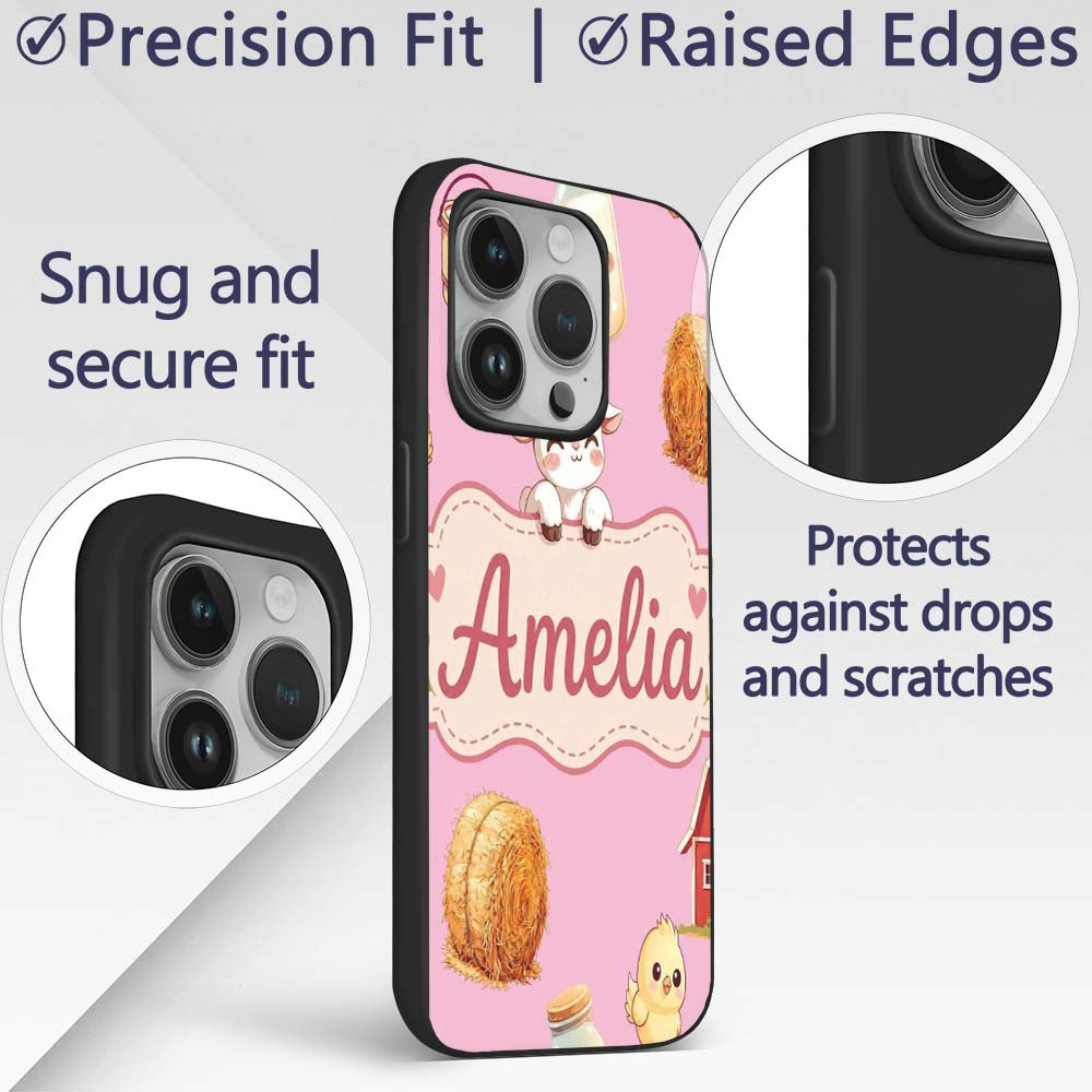 Cute Farm Goat Barn Hay Bale Chick Milk Bucket Custom Name Protective Phone Case Mobile Cover Durable Everyday Smartphone Shock Resistant