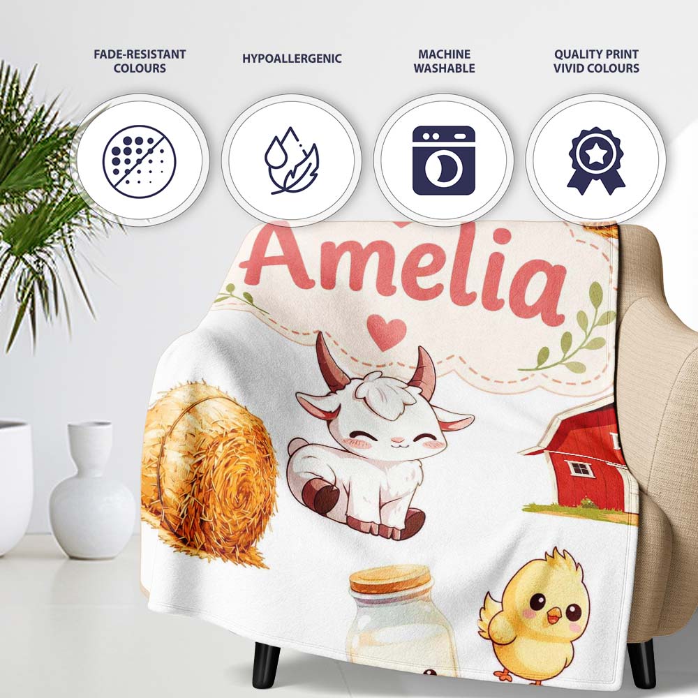 Cute Farm Goat Barn Hay Bale Chick Milk Bucket Grey Background Personalised Custom Name Super Soft Fleece Blanket Bed Sofa Throw