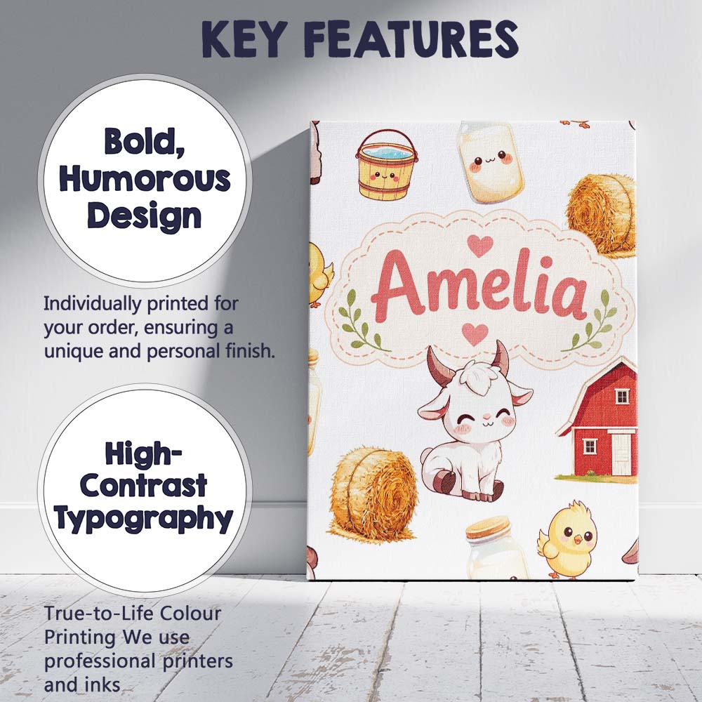 Personalised Name Cute Farm Goat Barn Hay Custom Unique Gift Idea Elegant Feature Canvas Wall Art Print Decor Picture Ready to Hang