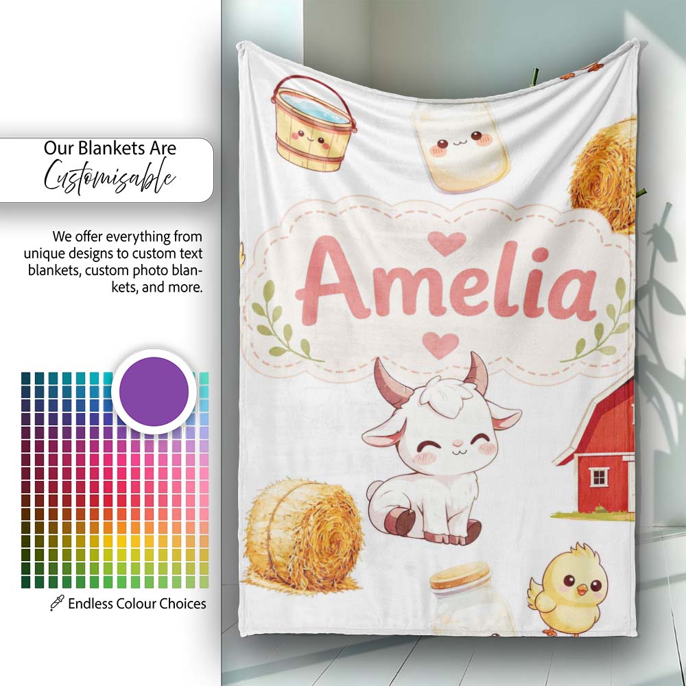 Cute Farm Goat Barn Hay Bale Chick Milk Bucket Grey Background Personalised Custom Name Super Soft Fleece Blanket Bed Sofa Throw