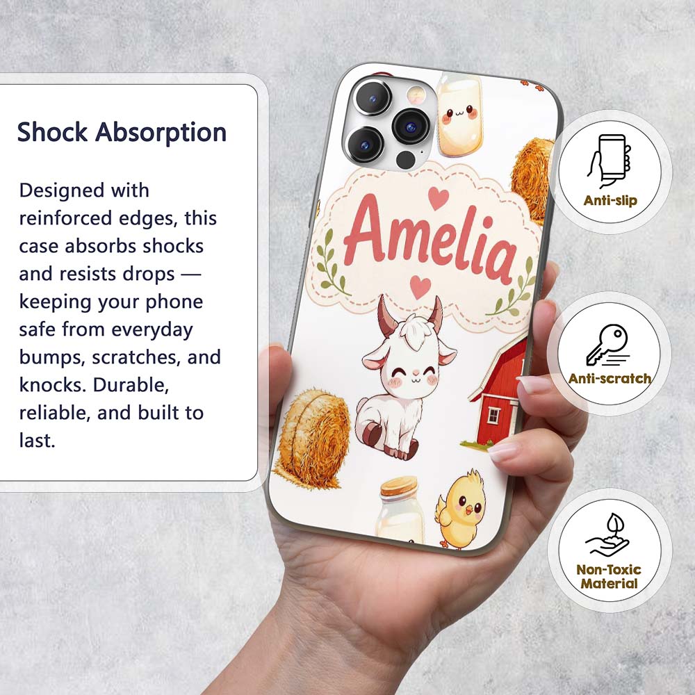 Cute Farm Goat Barn Hay Bale Chick Milk Bucket Custom Name Protective Phone Case Mobile Cover Durable Everyday Smartphone Shock Resistant