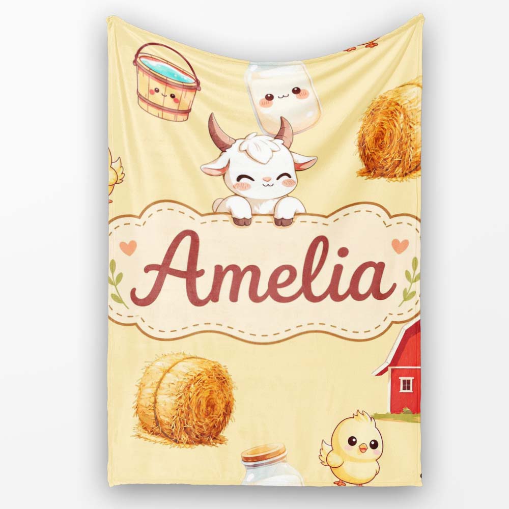 Cute Farm Goat Barn Hay Bale Chick Milk Bucket Yellow Background Personalised Custom Name Super Soft Fleece Blanket Bed Sofa Throw