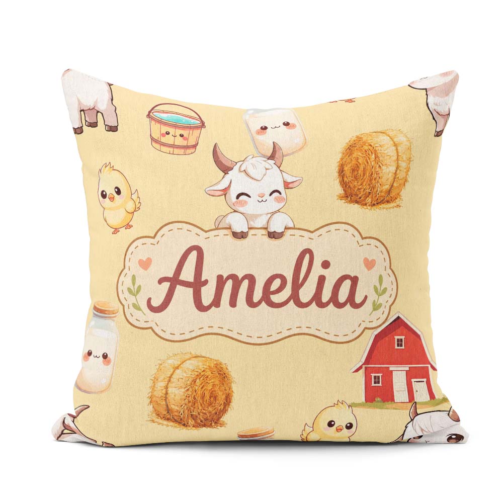 Custom Name Farm Goat Barn Hay Bale Chick Milk Bucket Background Square Filled Cushion Throw Pillow Sofa Bed Home Decor Zip Washable UK Made