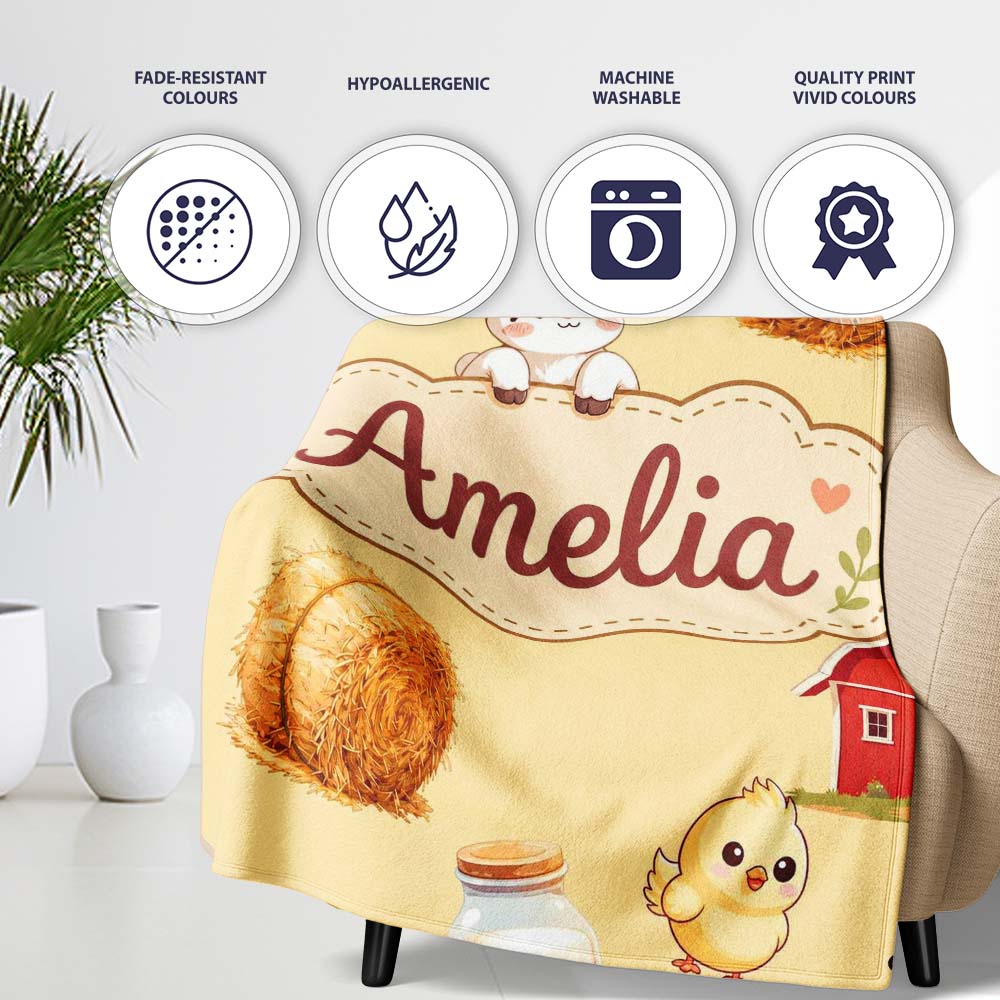 Cute Farm Goat Barn Hay Bale Chick Milk Bucket Yellow Background Personalised Custom Name Super Soft Fleece Blanket Bed Sofa Throw