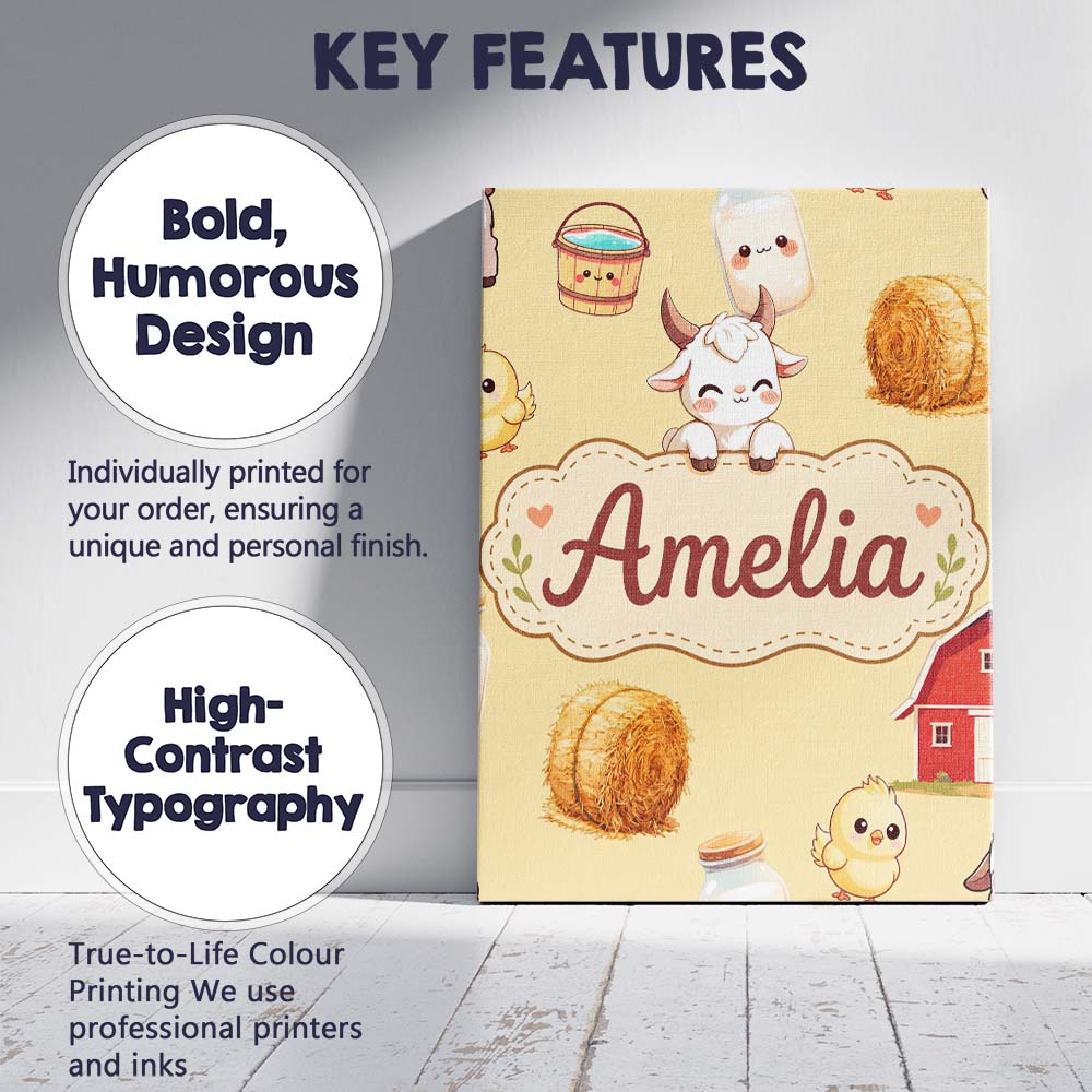 Personalised Name Cute Farm Goat Barn Hay Custom Unique Gift Idea Elegant Feature Canvas Wall Art Print Decor Picture Ready to Hang