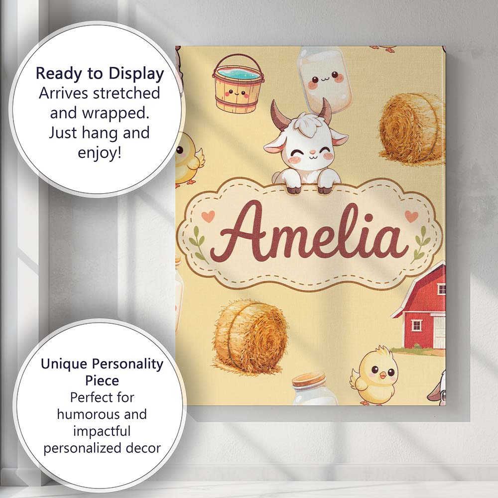 Personalised Name Cute Farm Goat Barn Hay Custom Unique Gift Idea Elegant Feature Canvas Wall Art Print Decor Picture Ready to Hang